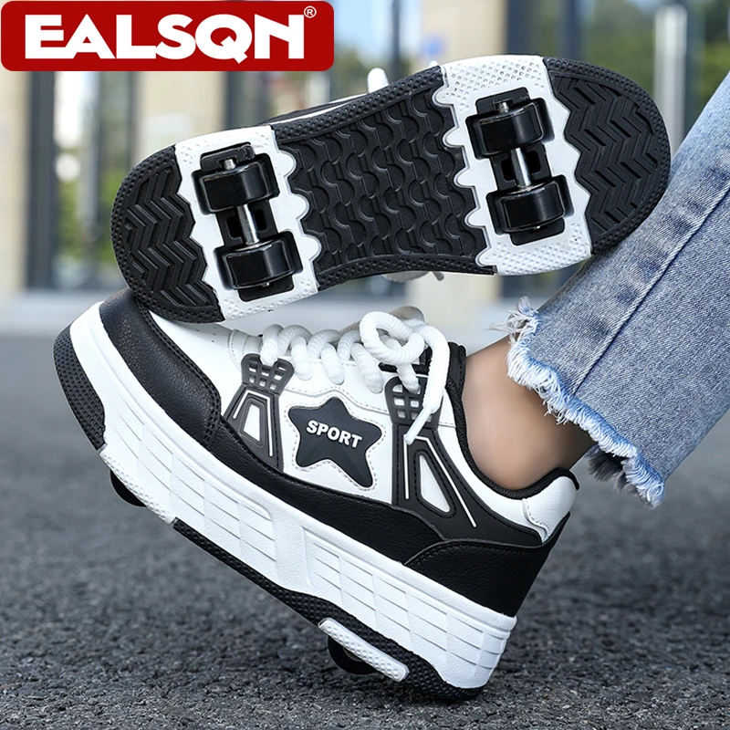 Kids Roller Skate Shoes Four Wheels Detachable Outdoor Sports Shoes Lace Up Casual Walking Sneakers for Teenagers Boys Girls