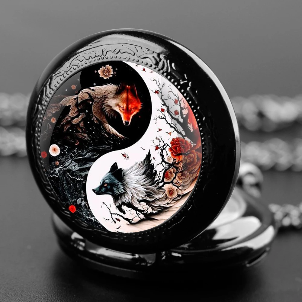 Retro Yin and Yang Wolf Fox Quartz Pocket Watch Necklace Clock Pendant Unique Hour Clock Vintage Fob Watches Jewerry Gift