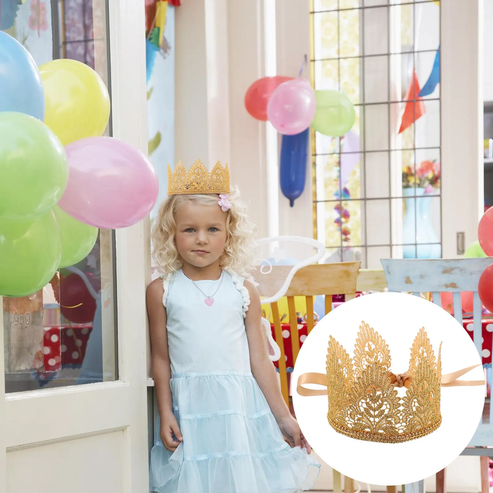 

1Pcs Lace Crown Headband for Kids Premium Soft Fabric Adjustable Ribbon Children Crown Headdress Birthday Christmas Party