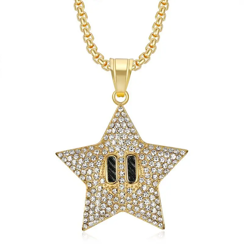 

Hip Hop Bling Iced Out Rhinestones Gold Stainless Steel Pentagram Star Pendants Necklace for Men Rapper Jewelry Drop Shipping