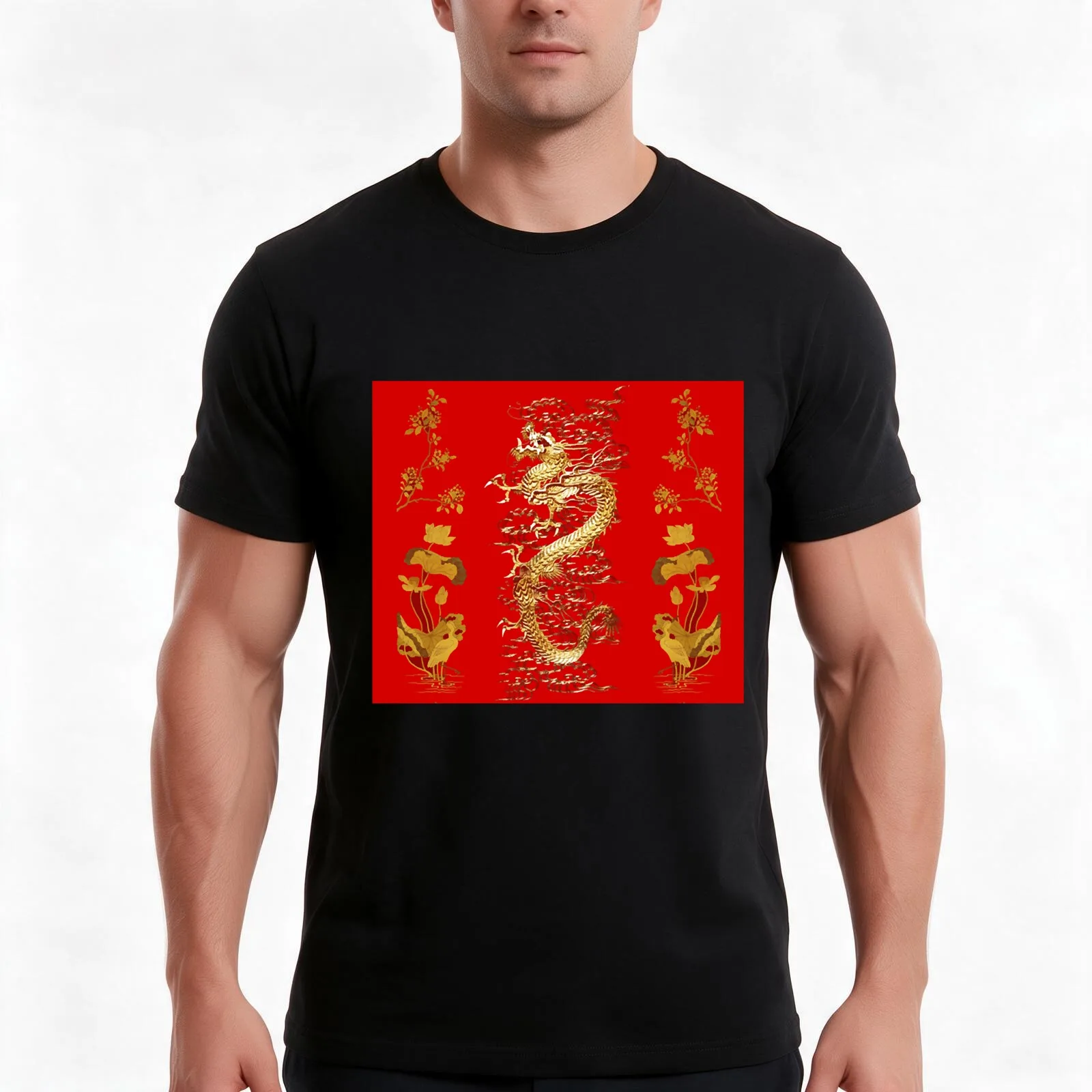 GOLD DRAGON IN RED,Egret,Lotus,Green Gold Floral T-Shirt Summer Casual Cotton Tee Oversized Streetwear Tops Unisex Men Women