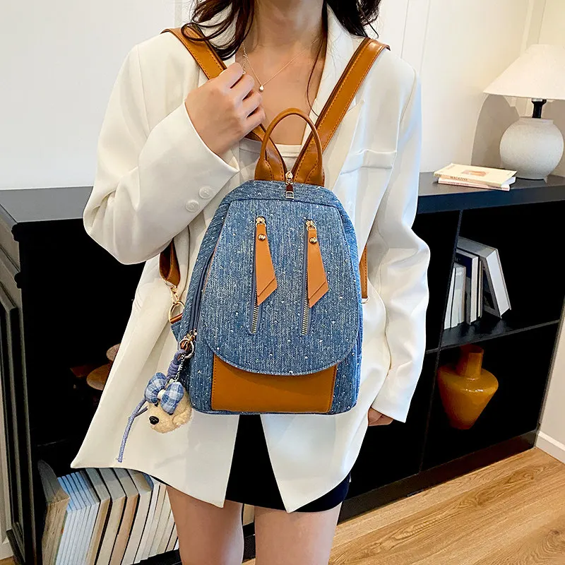 Denim Star Rivet Backpack for Women Autumn New Multi-functional Chest Bag Large Capacity Zipper Fashion One Shoulder Schoolbag