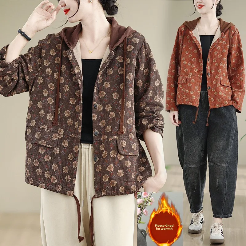 Casual Oversized Fleece Lined Thin Hooded Jacket Women's Autumn Winter Korean Style plus Size Clothing Print Outerwear