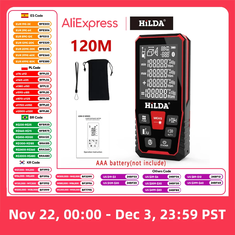 HILDA Laser Distance 50M/100M/120M Rangefinder Profesional Meter Laser Range Finder Ruler Test Tool