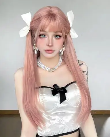 Rose pink wig female synthetic long hair natural air bangs long straight hair fashion jk suitable for female cosplay party