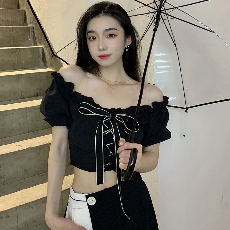 Off Shoulder Blouse Women Lace-up Bow Design Puff Short Sleeves Slim Fitting Sexy All-Match Hot Girl Streetwear Versatile Summer