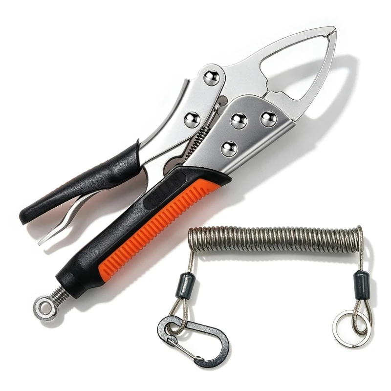 Locking Fishes Lip Grippers for Freshwater Fishing, Stainless Steel Mouth, Antislip Handle, Coiled Lanyards Fish Control 24BD