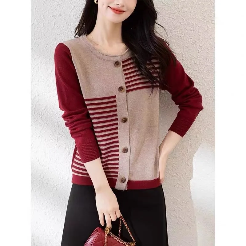 Women Commute Casual Warm Knitwear Autumn Winter Fashion Striped O-neck Knitted Cardigan Soft Comfort Wool Sweaters