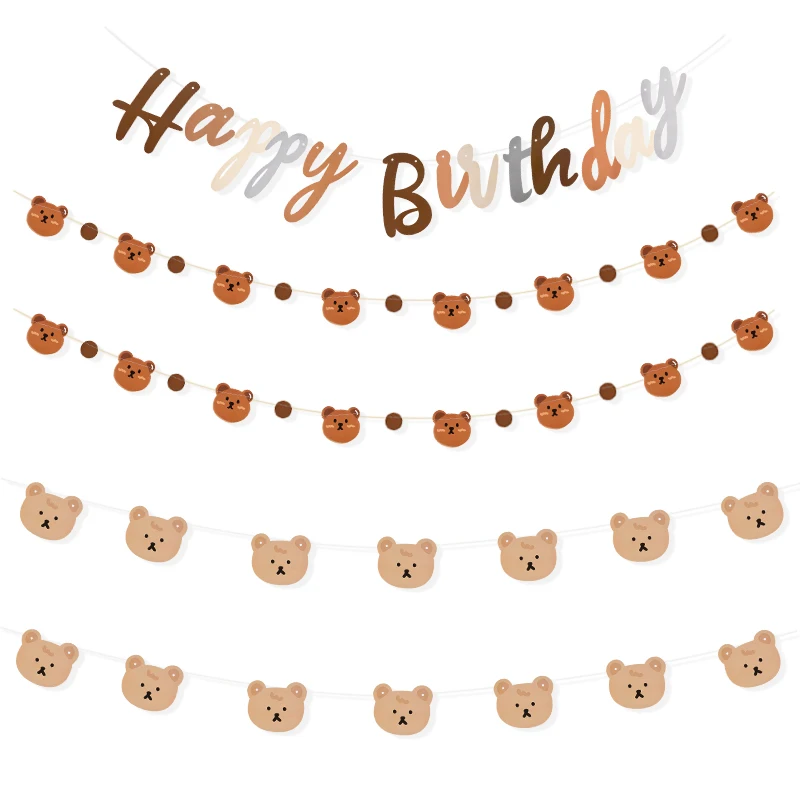 INS Cute Bear Happy Birthday Banner Garland 1st Kids Boys Teddy Bear Birthday Party Supplies Balloon Tableware Baby Shower Decor