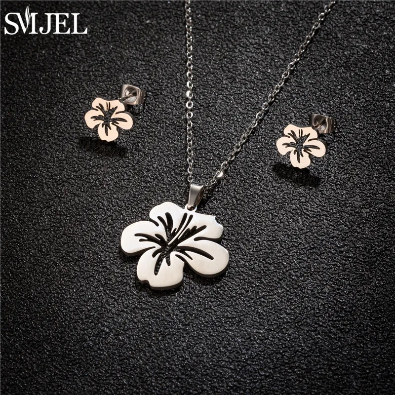 SMJEL Stainless Steel Lily Flower Necklace Women Girls Golden Jewelry Sets Trendy Datura Cherry Blossom Earrings Wedding Gift
