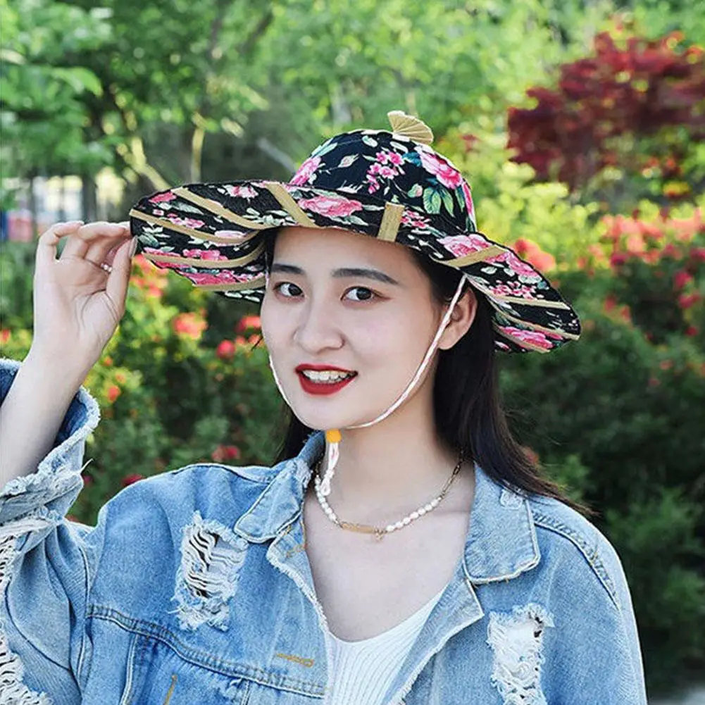 Women Bamboo Foldable Hand Fan Sun Hat Portable Chinese Style Bamboo Frame Floral Printed Hand Fan Sunhat Hat For Travel Be S9S3