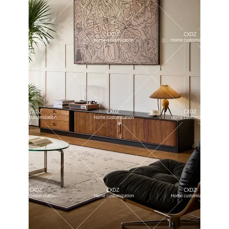 Retro Solid Wood TV Cabinet Floor Standing Media Console with Integrated Storage for Living Room Medieval Style Wall Unit
