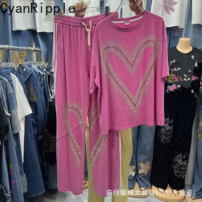 

Trendy New Spring Summer Women Two-piece Set Luxury Love Diamonds Loose Short Sleeve T-shirt Top + Elastic Waist Straight Pants