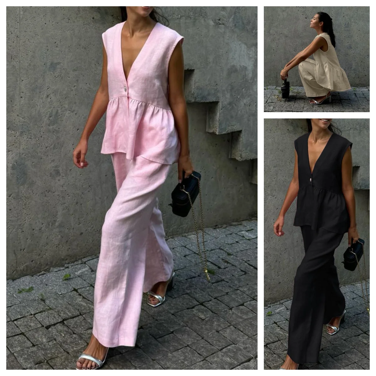 

2025 New Fashion Sleeveless Tank Top With High Waist Wide Pants Set Loose Pink Cotton Linen 2 Piece Set Women Summer Chic Outfit