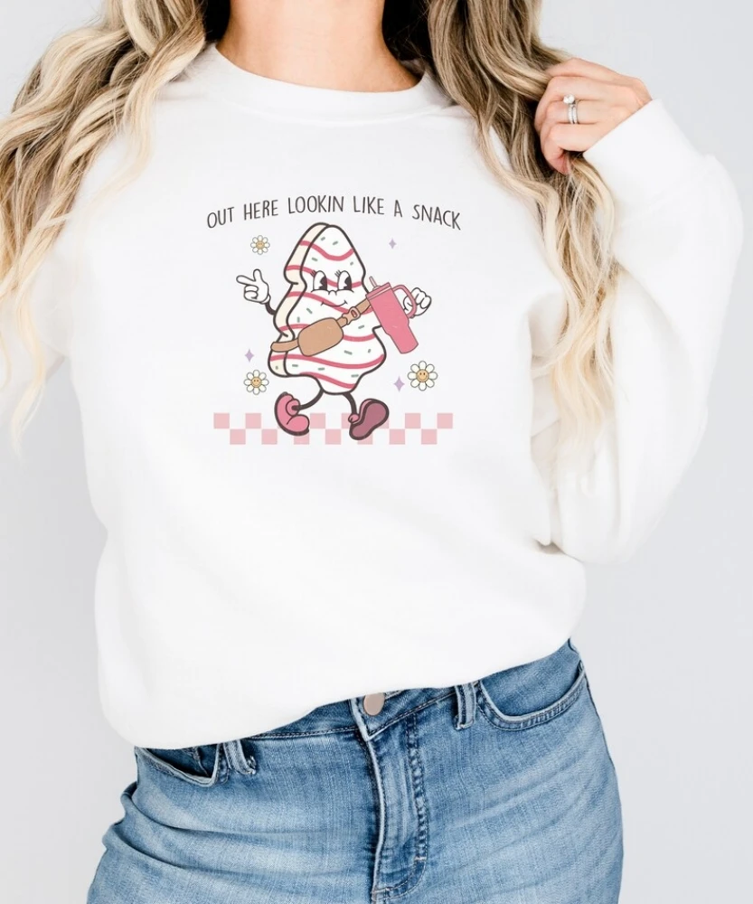 Boujee Out Here Lookin Like A Snack Sweatshirt Christmas Tree Cake Shirt Crewneck Cute Funny Pullover Top Winter Women Clothes