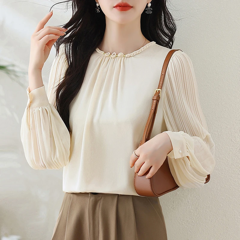 

Women Blouse 2025 Autumn Chiffon Shirts Straight O Neck Folds Lantern Sleeve Tops