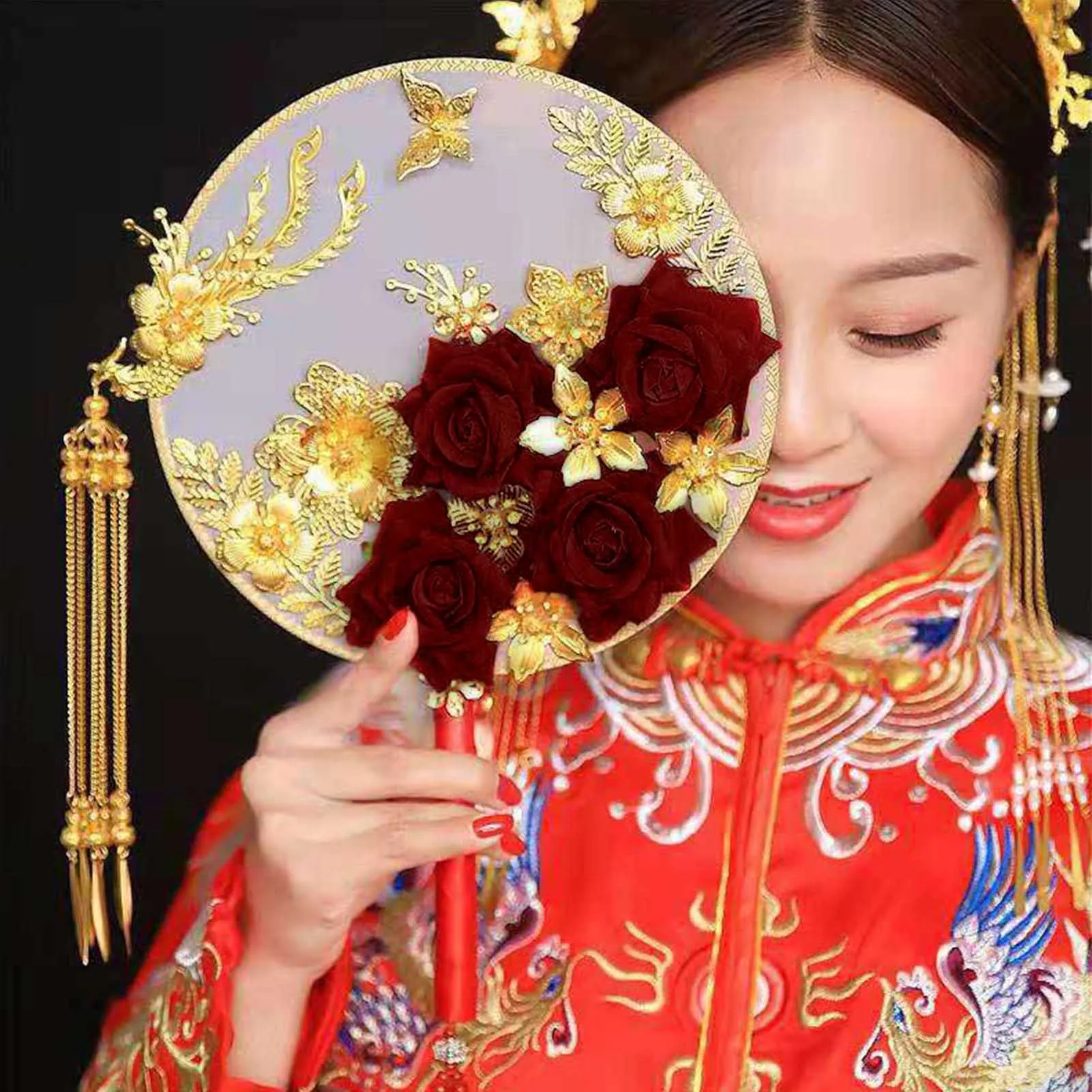 

Decorative Fan Wedding Bridesmaids Souvenir DIY Bridal Ornaments Handmade Chinese Vintage Flower Fan Photography Ornaments