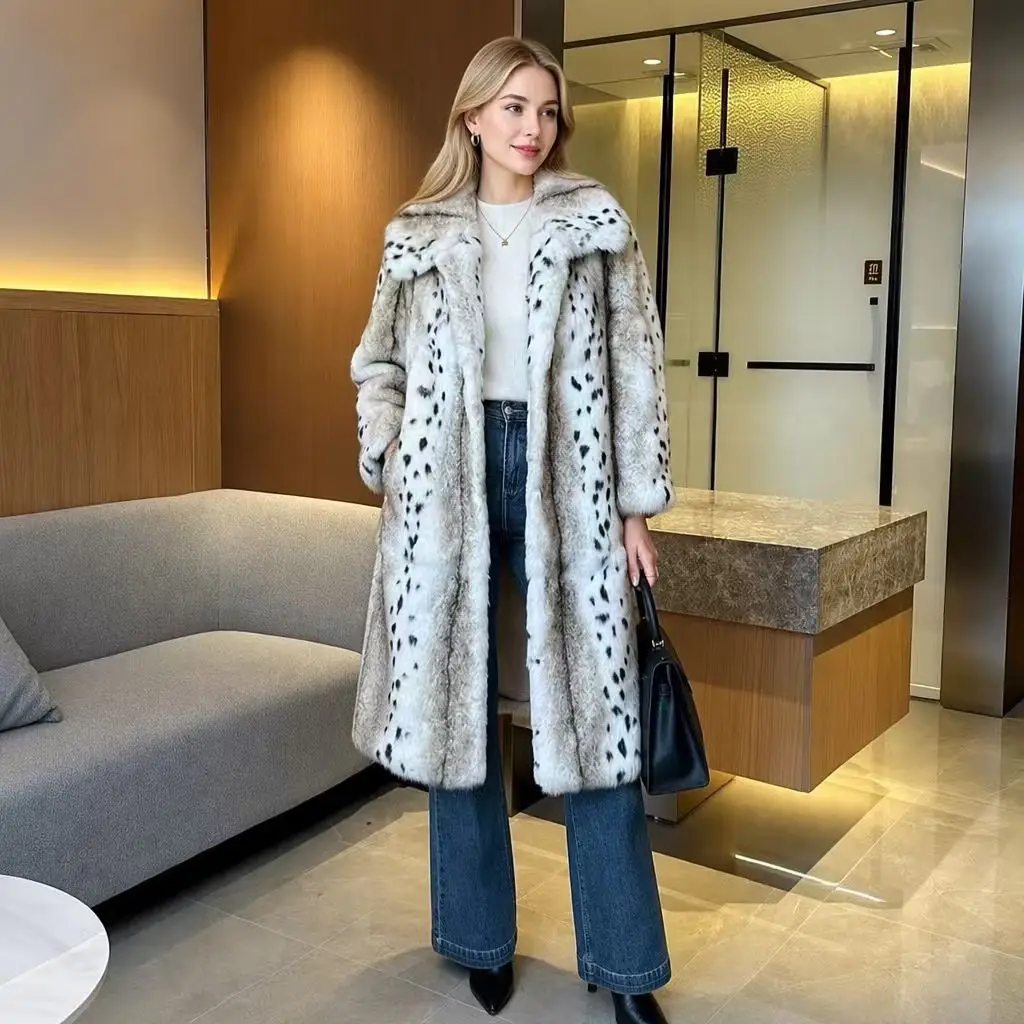 Women's Winter Fashion Imported Rabbit Fur RealCoat Trendy Outerwear with Suit Collar Whole Fur Design for Stylish Warmth