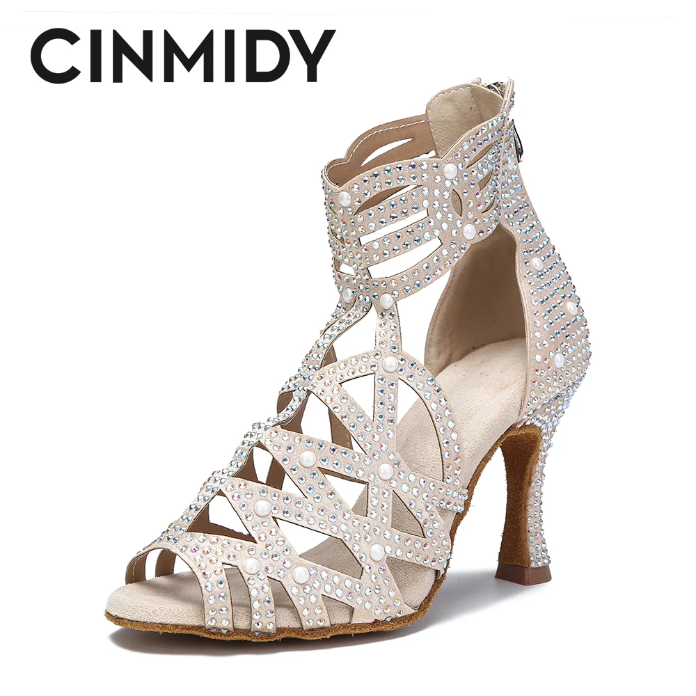 

CINMIDY Women's Latin Dance Shoes Cuban Heel Ballroom Dance Shoes With Rhinestone Salsa Shoes Ladies Party Dance Hight Heels