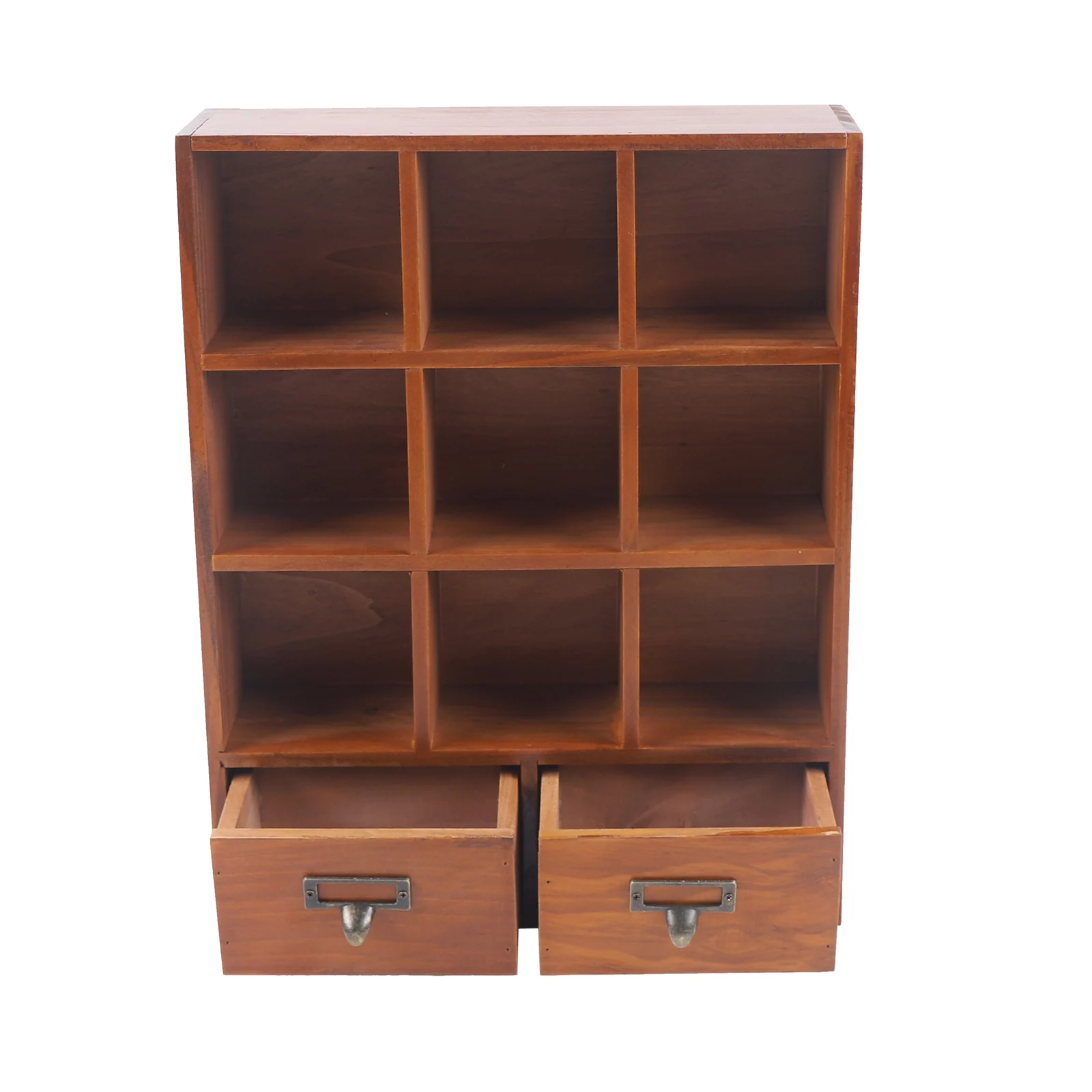 Wooden Display Cabinet, 9 Compartments 2 Drawers, Vintage Brown Finish, Wall Mount or Freestanding, for Collectibles