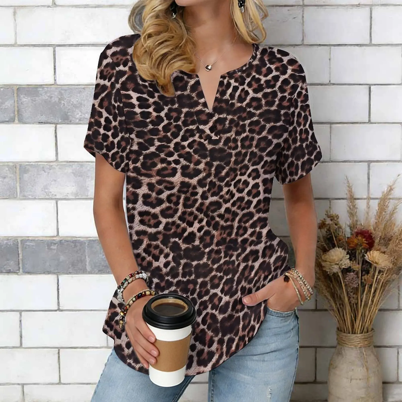 Women Print Notched V Neck Short Sleeve Casual Loose Tunic Tops