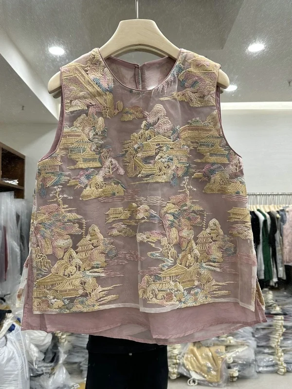 

Новая женская блузка без рукавов в китайском стиле с элегантной вышивкой, весенняя модная дышащая удобная модель с круглым вырезом