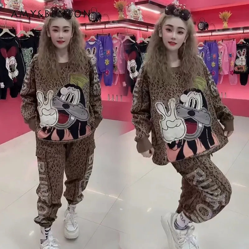 

Heavy Industry Diamond Drills Round Neck Cartoon Pattern Leopard Print Top Loose Casual Pants Women's Spring Autumn 2 Pieces Set