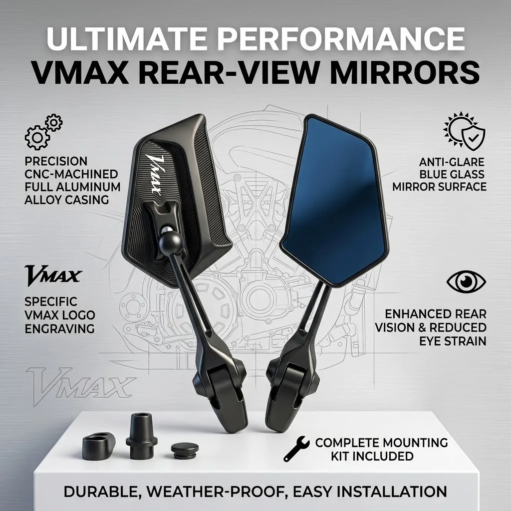 No Blind Spot CNC Motorcycle All Metal Bule glass Mirror Wtih LOGO For YAMAHA VMAX 1200 1985-2008 V-MAX V MAX 1200