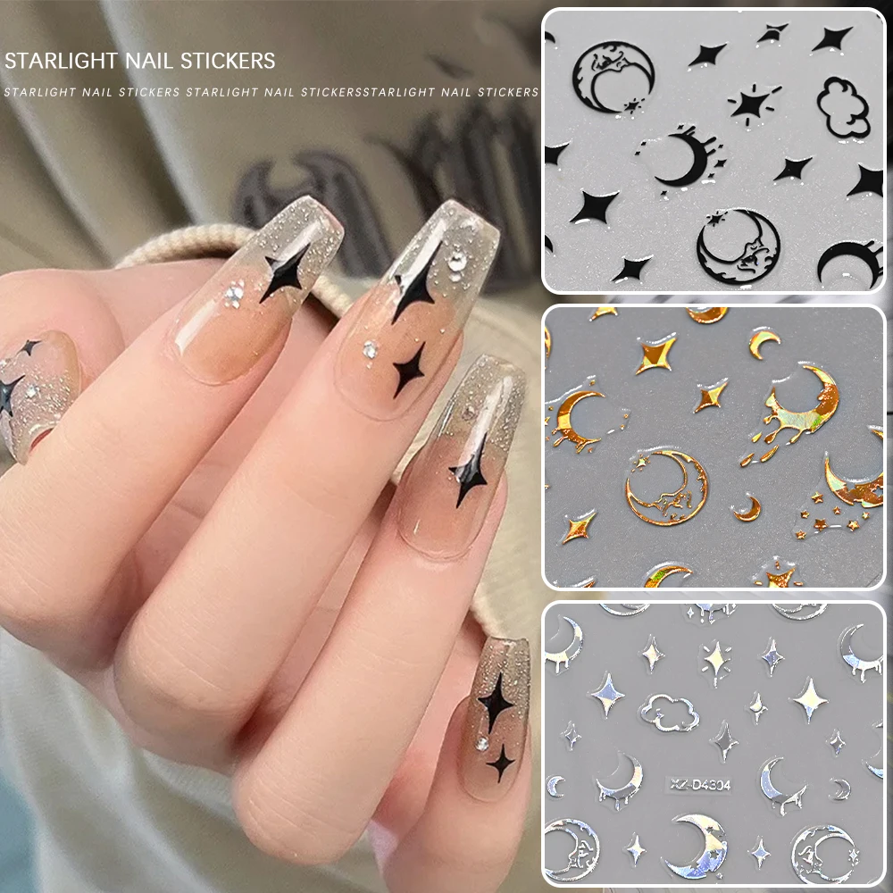 12 Pz 3D Oro Stella Luna Sole Adesivi per unghie 10*8 cm Y2K Starlight Autoadesivi Decalcomanie per unghie Serpente Gatto Slider Accessorio per manicure fai da te