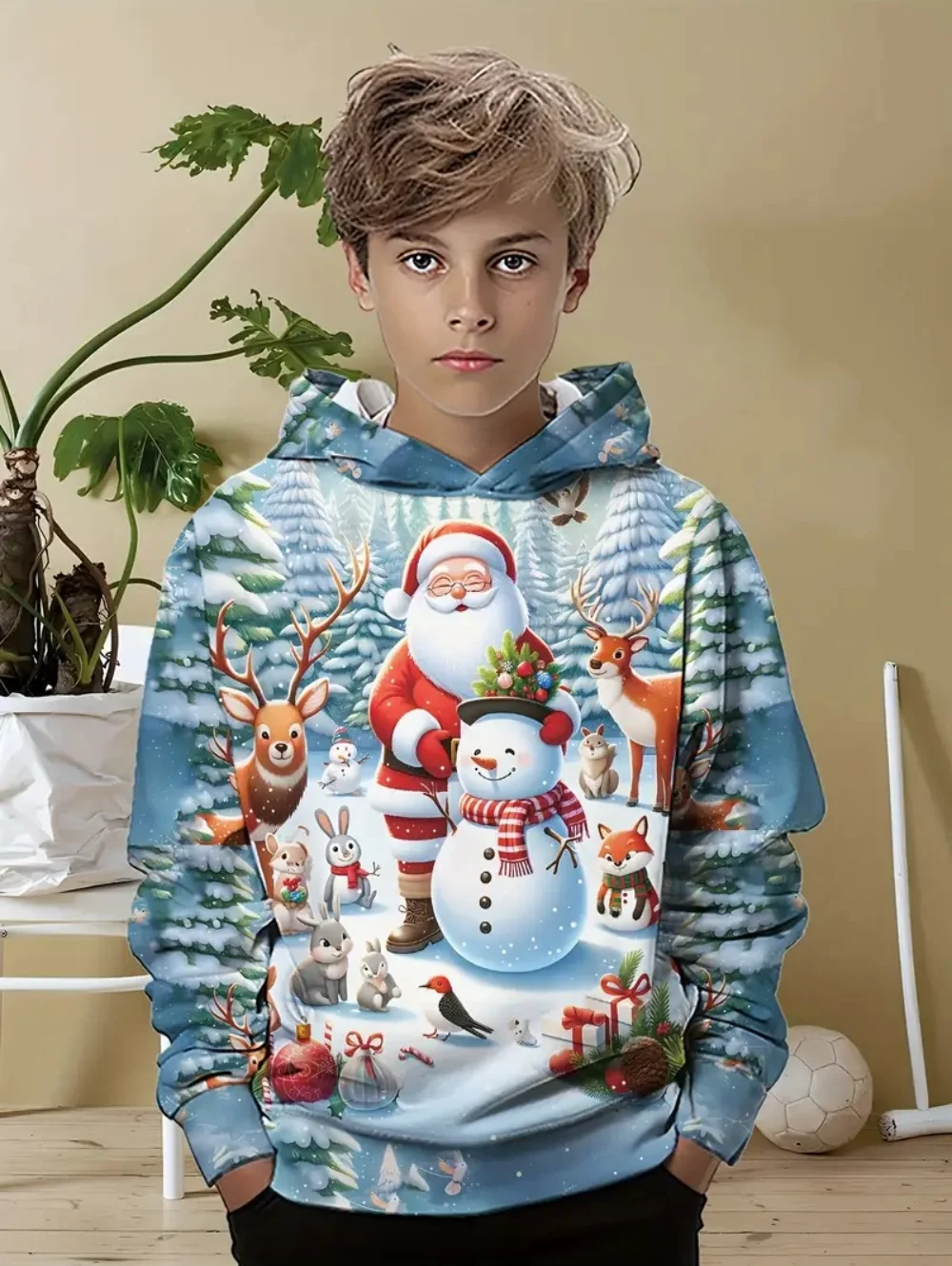 2025 Merry Christmas Hoodie Graphics Print Pullover Hoodies for Children Clothing Santa Claus Hoodie Outdoors Snowman Sweatshirt