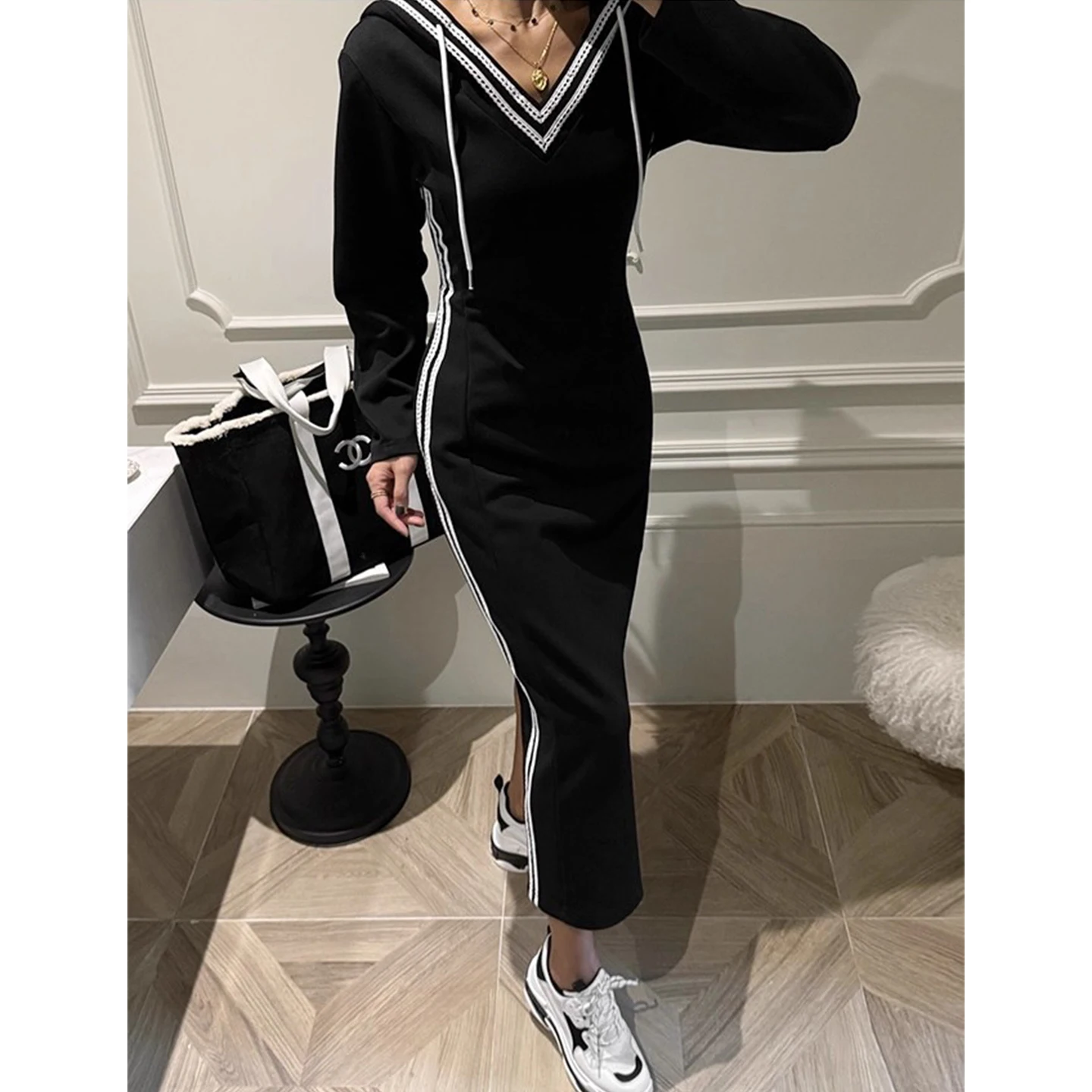 Retro emendado cor blo renda dstring com capuz de malha dr feminino emagrecimento longo dr cintura alta commute sle longo sve