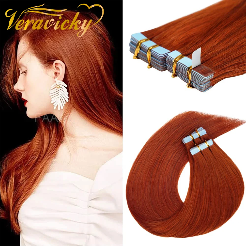 Veravicky #350 nastro nelle estensioni dei capelli capelli umani Remy permanente Pre-nastrato trama della pelle invisibile posticci rame rosso 20 pz/50G