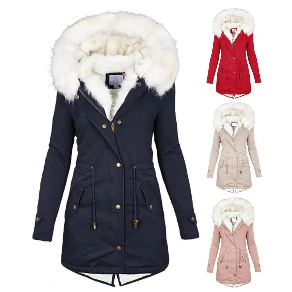 Classic Soft Zipper Buttons Closure Slim Fit Women Hooded Cotton Padded Mid-Length Overcoat Winter Jacket Cold Resistant