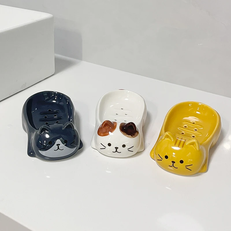เซรามิคญี่ปุ่นน่ารักแมวสบู่กล่องการ์ตูนสัตว์เซรามิคสบู่ Rack Creative Luxury ตกแต่งห้องน้ําน่ารักจานสบู่