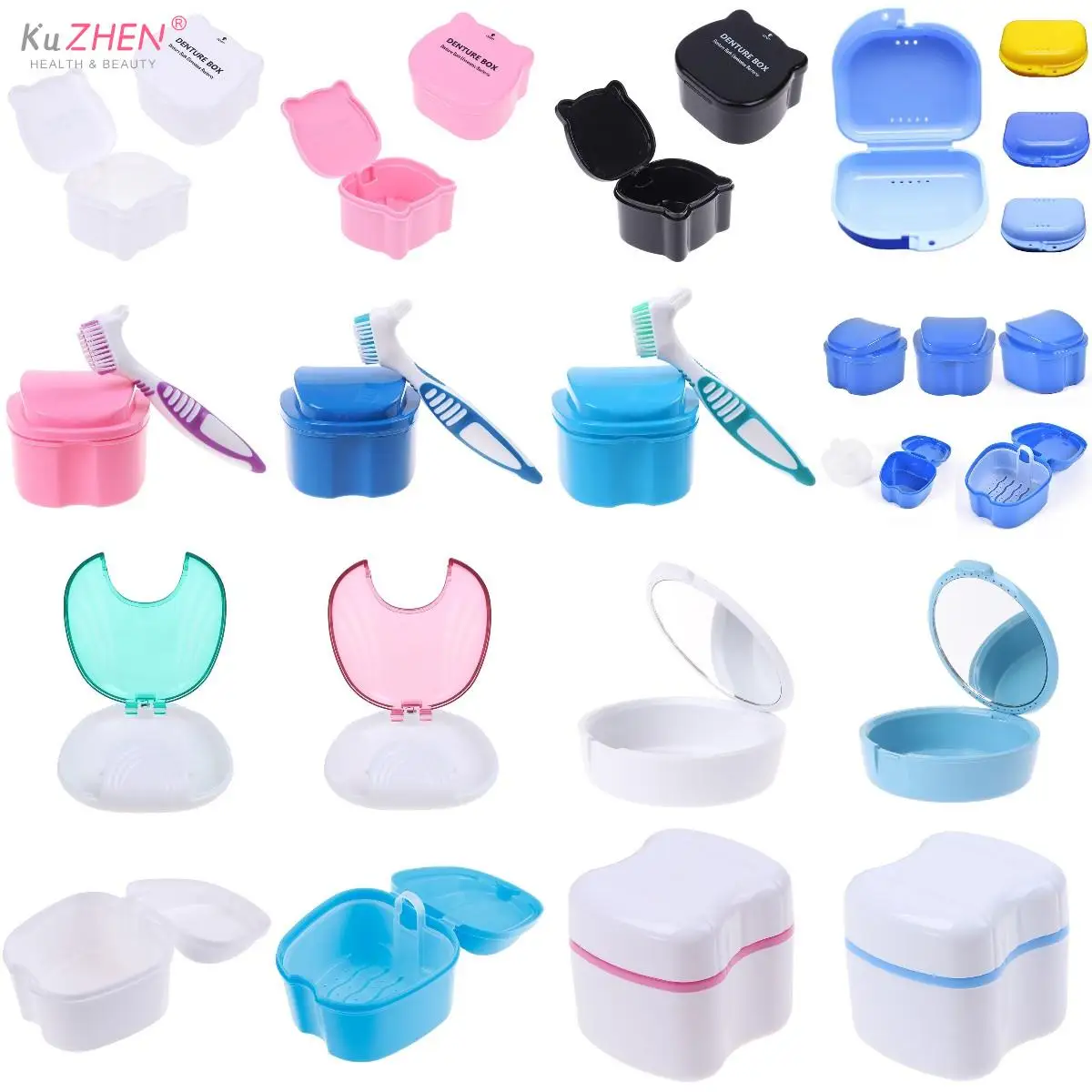 40Types Denture Bath Box Organizer False Teeth Storage Box With Hanging Net Container Cleaning Teeth Case Artificial Tooth Box