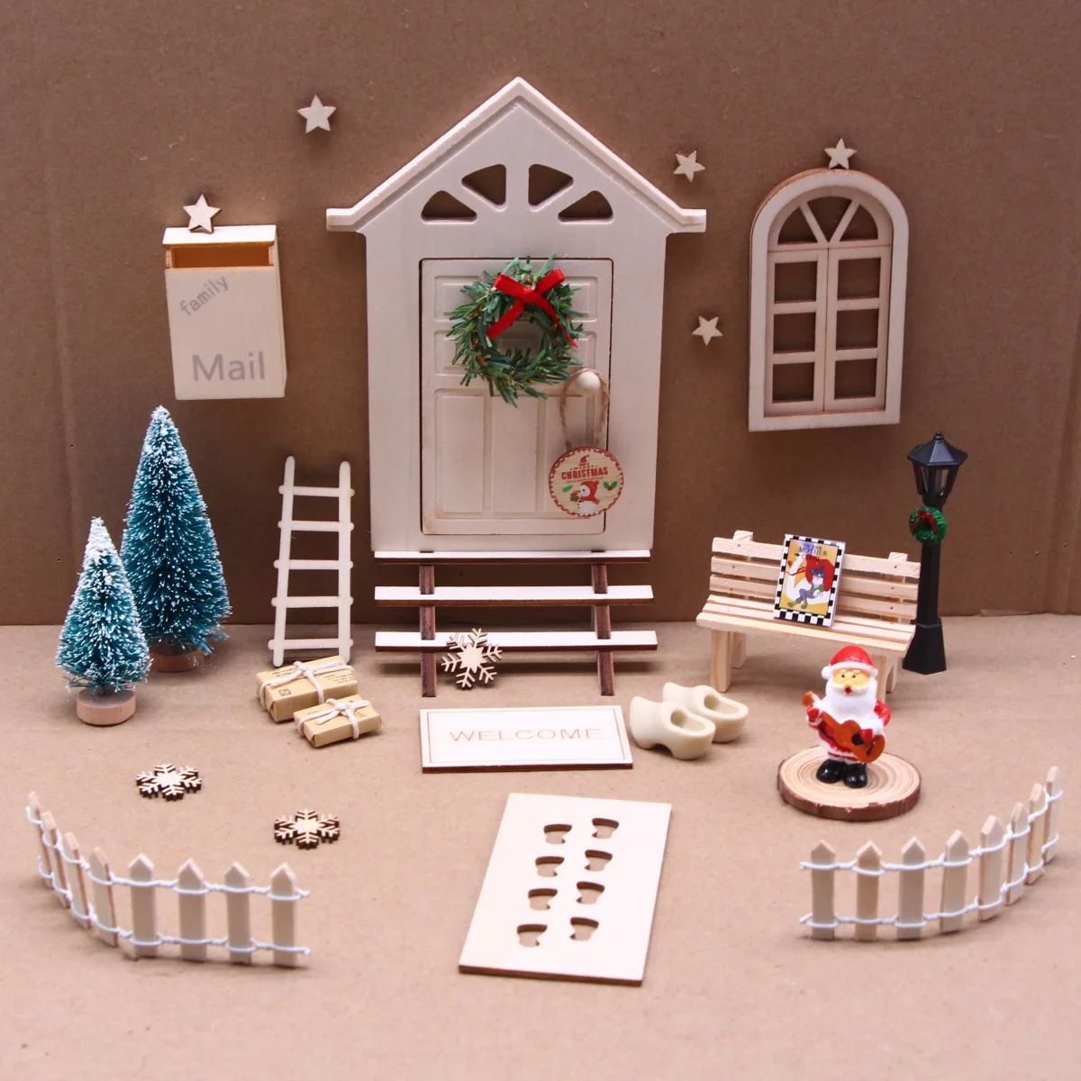 

DollHouse Elf Door Christmas Decor Santa Claus Street Lamp Wreath Mini Tree Mailbox Bench Fairy Toyhouse Miniature Scene Model