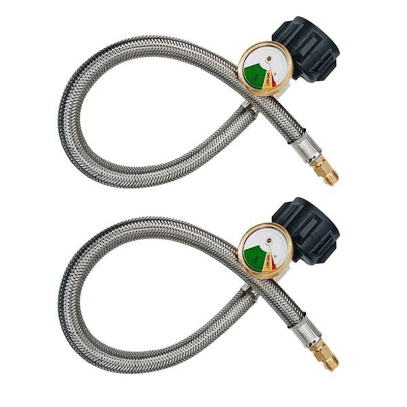 2Pc Braided RV Regulator Propane Hose Connector 18Inch Silver With 1/4Inch Male NPT Gauge QCC Type 1 Connection