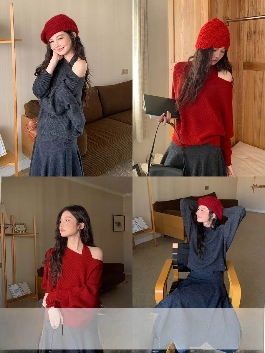 

Красный вязаный свитер и жилет с вырезом-халтер для женщин: элегантный зимний комплект из двух предметов, повседневный, свободный крой, мягкий трикотаж