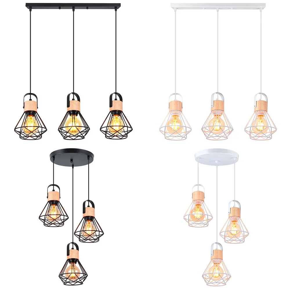 

Industrial 3-Heads Pendant Lights Modern Wooden Iron Hanging Lamps Vintage Loft Room Metal Cage Lighting Fixture E27 Chandelier