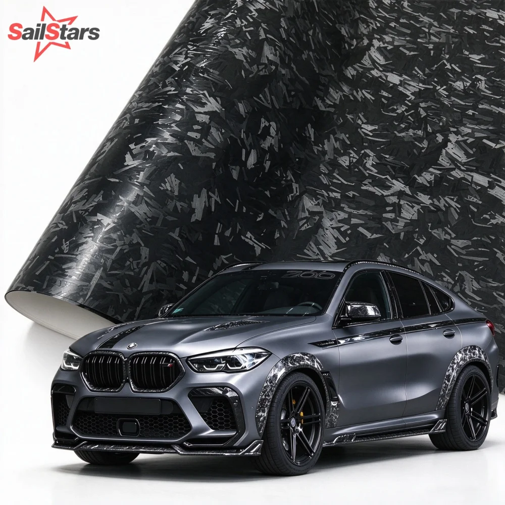 Car Stickers Chopped Black Carbon Fiber Vinyl Wrap with Air Release Waterproof Self Adhesive for Car Body Interior