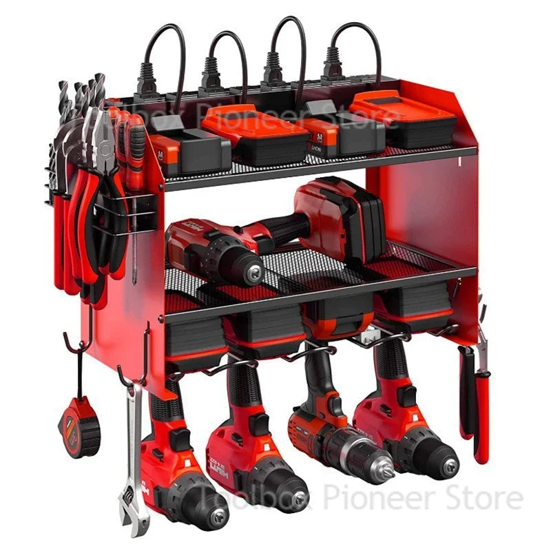 Metal Heavy Duty Organizers and Storage Tool Shelf with 8 Drill Holders Wall Mount 3 Layers Garage Power Tool Organizer