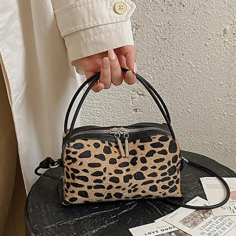 Retro Leopard Print Faux Horsehair Mini Pillow Handbag Women Double Zipper Top Handle Bag Removable Strap Crossbody Purse