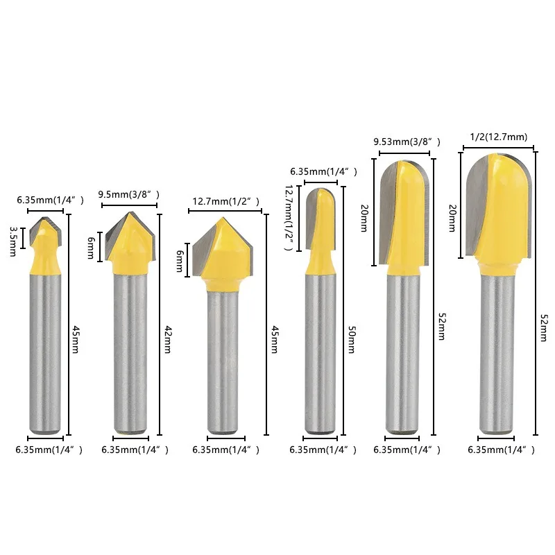 6Pcs Wood Router Bit Set 3Pcs V‑Groove Bits +3Pcs Core Box Round Bottom Bits Slotting Corner Milling Cutter for Wood Trimmer