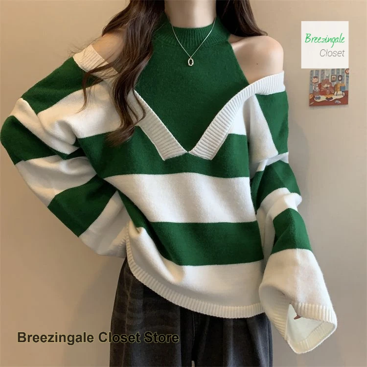 

Korean fake two-piece off-the-shoulder long-sleeved pullover sweater for women in autumn and winter new loose casual tops