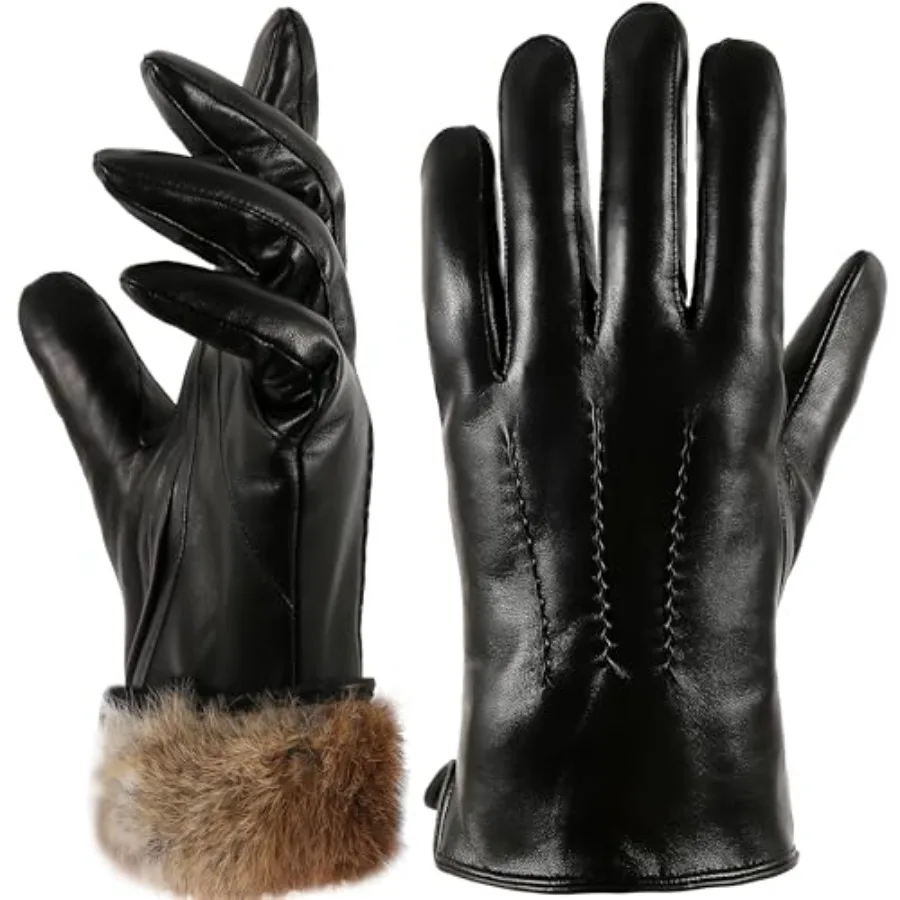 

Super Warm Rabbit Fur Mens Leather Gloves for Men Winter Touchscreen Texting Driving Gloves