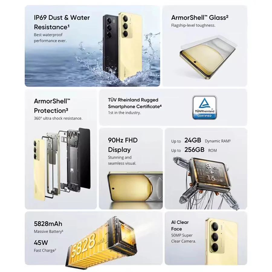 النسخة الروسية هاتف ذكي Realme C75 Helio G92 Max شرائح 5828 مللي أمبير بطارية 45 واط شحن 6.72 بوصة 90 هرتز عرض كاميرا 50 ميجابكسل NFC IP69