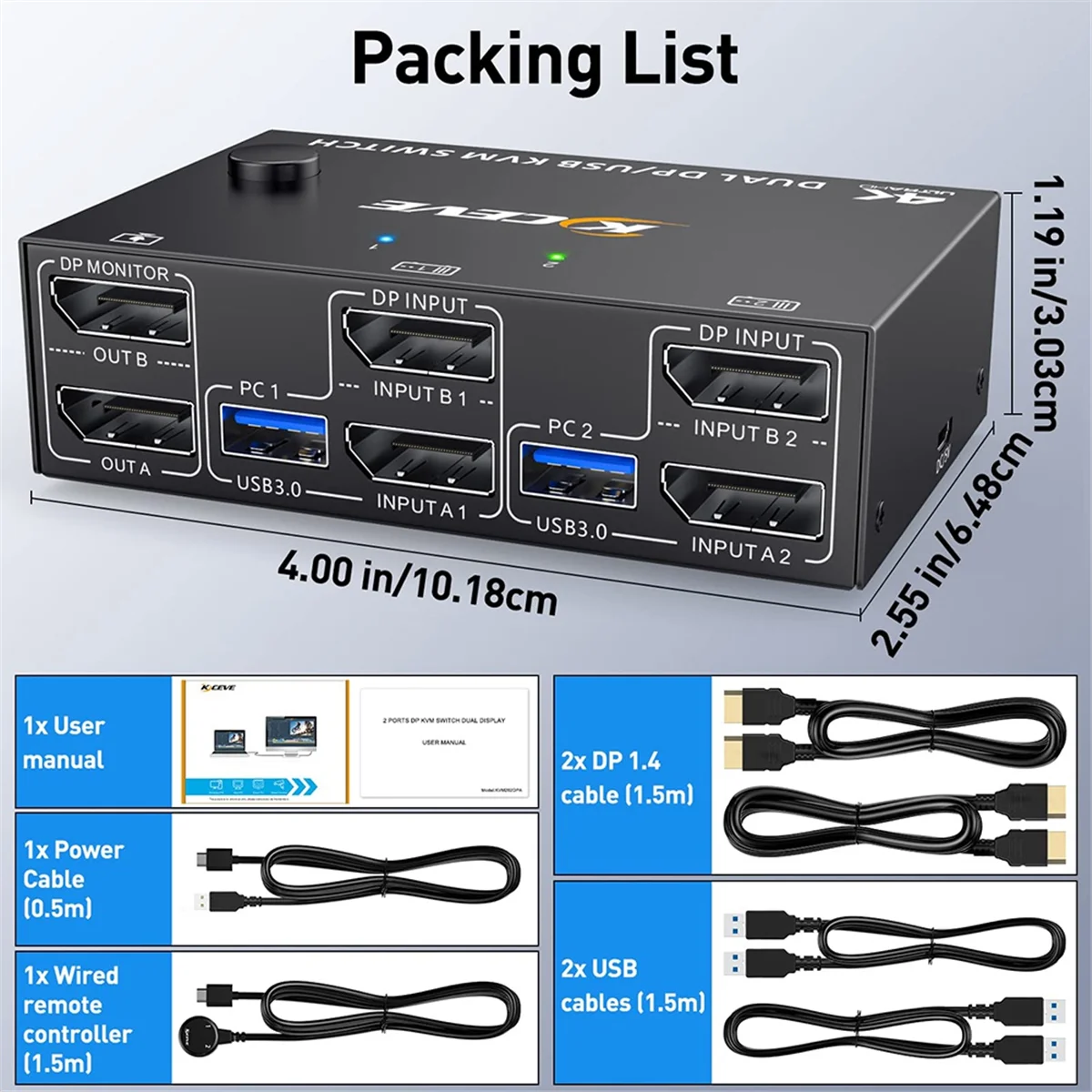 Kceve KVM สวิทช์จอคู่4 USB3.0สำหรับคอมพิวเตอร์2เครื่อง2 IN 2ออก DP 1.4 KVM สวิตช์