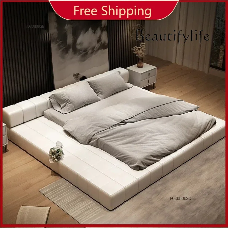 

W Italian Tatami Leather Beds Modern Simple Double Floor Custom Bed Villa Master Bedroom Soft Double Bed Bedroom Furniture E