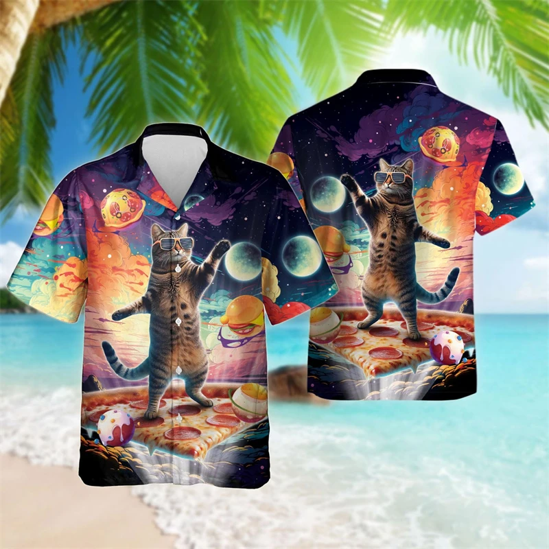 Camisa estampada para homens e mulheres 3D Cat Surfing, blusa havaiana de manga curta, streetwear casual, moda engraçada, roupas masculinas