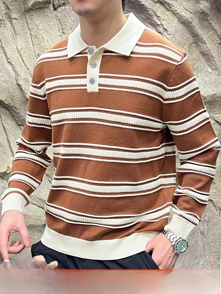 

Ele Leisure Sle Men's Knitted Sweater Vintage Stripes Turn-down Collar Long Sve Warm Faionable Autumn Winter Top